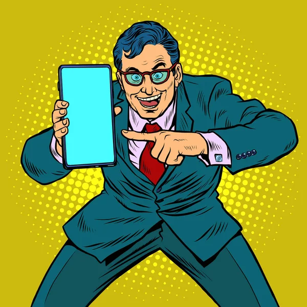 Homme d'affaires montre sur smartphone. Technologies mobiles et nouveaux gadgets — Image vectorielle