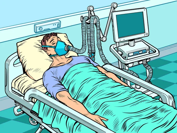 Urządzenie do respiratora medycznego. ciężki pacjent na intensywnej terapii. epidemia koronawirusa, zapalenie płuc — Wektor stockowy
