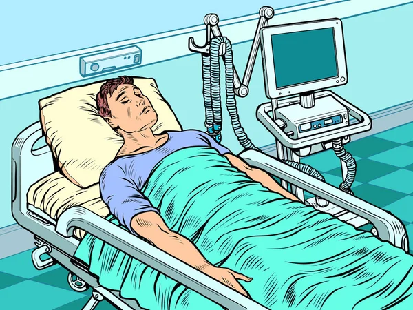 Macchina del ventilatore medico. paziente pesante in terapia intensiva. l'epidemia di coronavirus, polmonite — Vettoriale Stock