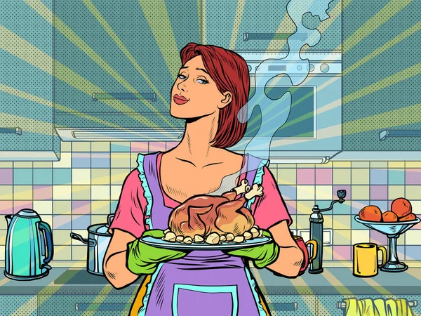 Femme avec canard de poulet de volaille frit prêt — Image vectorielle