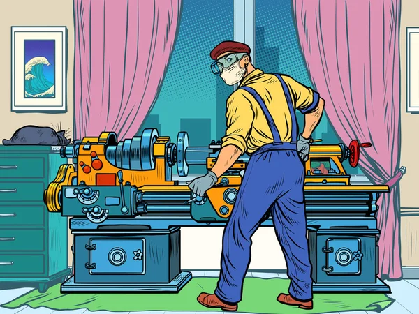 Εργασία κατά τη διάρκεια της επιδημίας. Ο Τέρνερ δουλεύει στο μηχάνημα. — Διανυσματικό Αρχείο