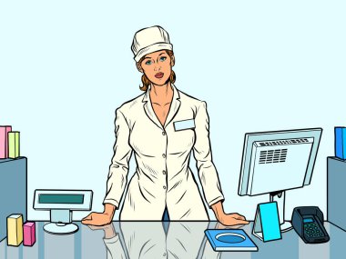 Kadın eczacı. Eczanede çalışıyorum. İlaç satışları