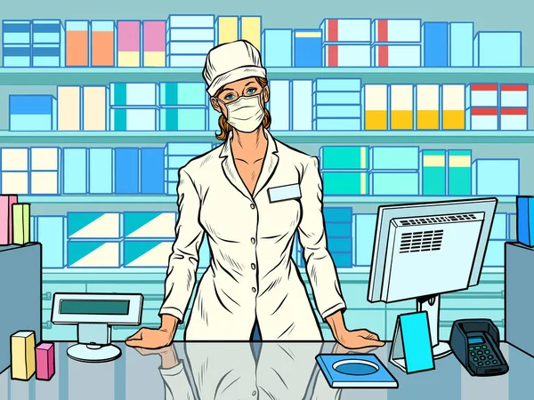 Female pharmacist during an outbreak of the coronavirus. Working in a pharmacy. Medicine sales — Stock Vector