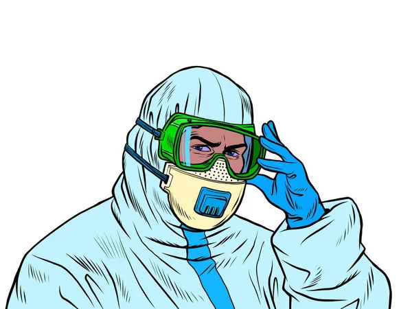 Een dokter in een volledig beschermend pak tijdens een epidemie. Masker en handschoenen — Stockvector