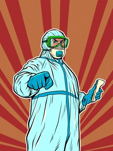 Un médecin en costume de protection complet avec un thermomètre. Coronavirus covid19 épidémique — Image vectorielle