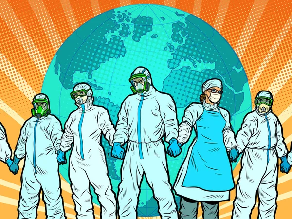 Konsep pandemi. Dokter melindungi planet ini. petugas medis dalam pakaian pelindung - Stok Vektor