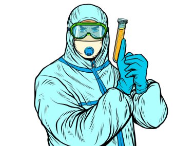 Koruyucu kıyafetli bir doktor, test tüpü, aşı, ilaç, salgın.