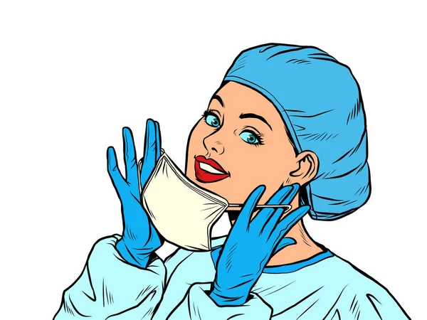 Dokter wanita mengenakan masker medis - Stok Vektor
