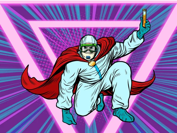 Super herói médico homem com um medicamento de vacina em terno de proteção, epidemia — Vetor de Stock
