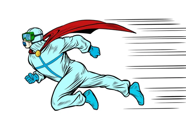 Corre para ayudar al médico superhéroe en traje protector, epidemia — Archivo Imágenes Vectoriales