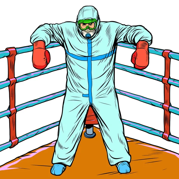 Doctor en traje protector después de la batalla. El tratamiento como concepto de boxeo, epidemia — Archivo Imágenes Vectoriales