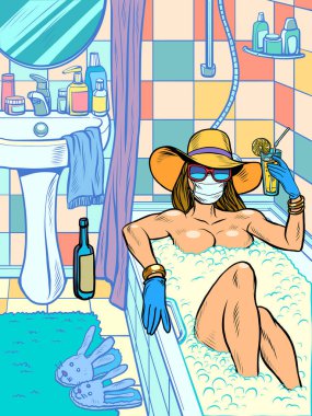 Bir kadın banyo yapar. Salgın karantina, tıbbi yüz maskesi