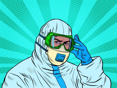 Salgın sırasında koruyucu giysili bir doktor. Maske ve eldivenler
