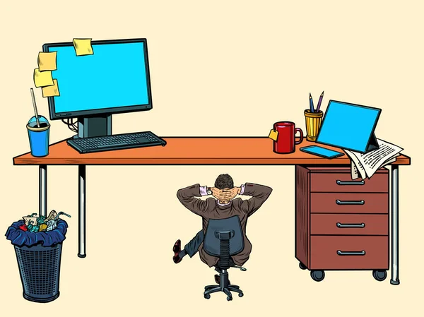 Small businessman under a large office Desk — Stock Vector