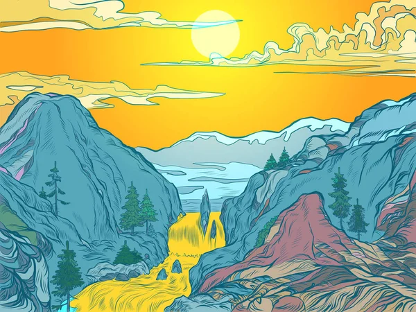 Hory slunce řeka horské středisko nebo přírodní park — Stockový vektor