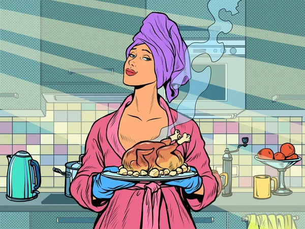 Femme avec canard de poulet de volaille frit prêt — Image vectorielle