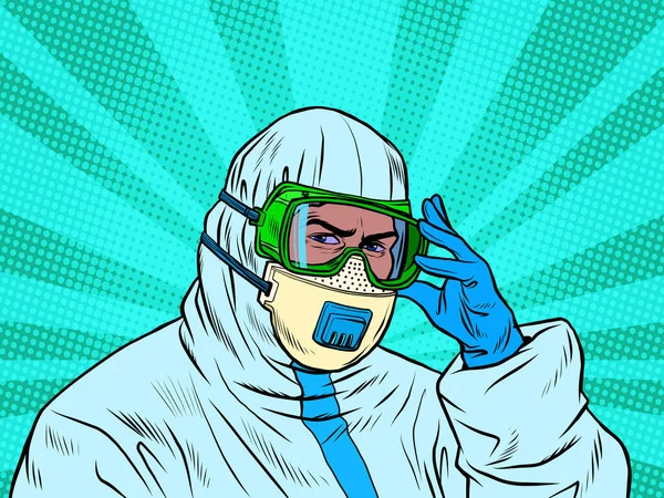 Un médico con un traje protector completo durante una epidemia. Máscara y guantes — Archivo Imágenes Vectoriales