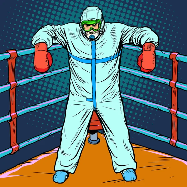 Doctor en traje protector después de la batalla. El tratamiento como concepto de boxeo, epidemia — Archivo Imágenes Vectoriales