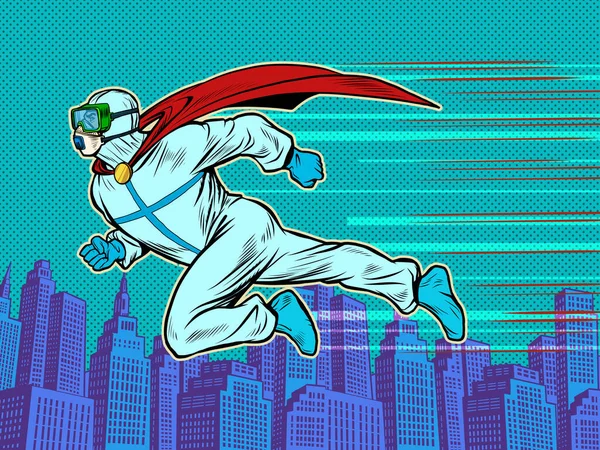 Superhjälte läkare man i skyddsdräkt flyger över staden, epidemi — Stock vektor