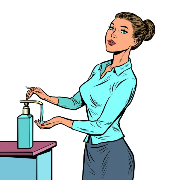 Kobieta używa środka do dezynfekcji rąk — Wektor stockowy