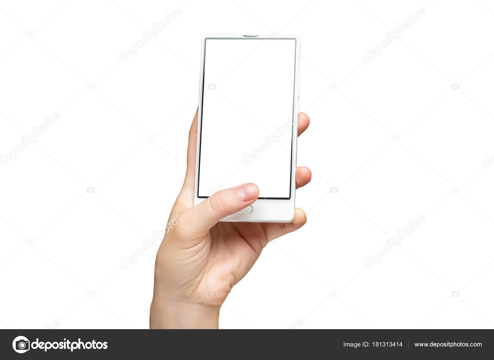 Download Mockup Of Female Hand Holding Modern Frameless Cell Phone With White Screen Isolated At White Background Stock Photo C Mayatnik63 181313414 PSD Mockup Templates