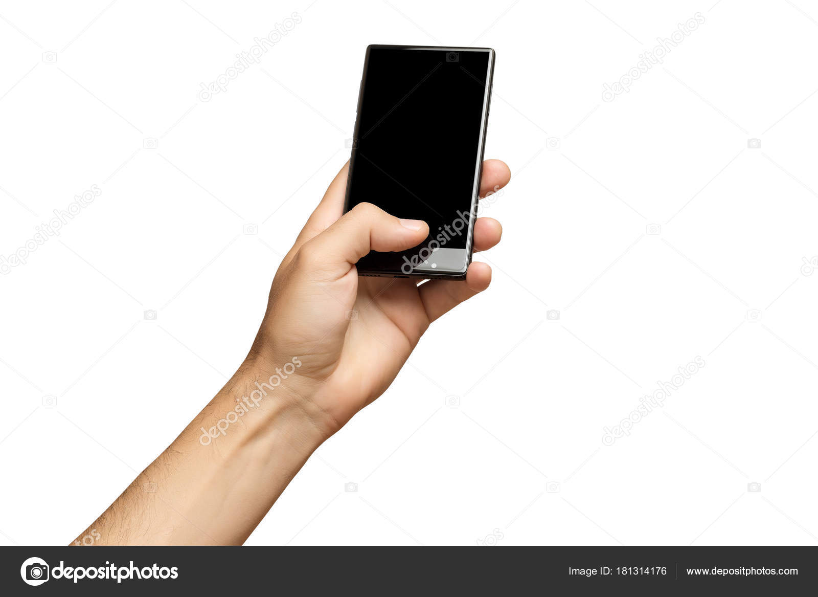 Download Mockup Of Male Hand Holding Black Frameless Cell Phone With Black Screen Isolated At White Background Stock Photo C Mayatnik63 181314176 Yellowimages Mockups