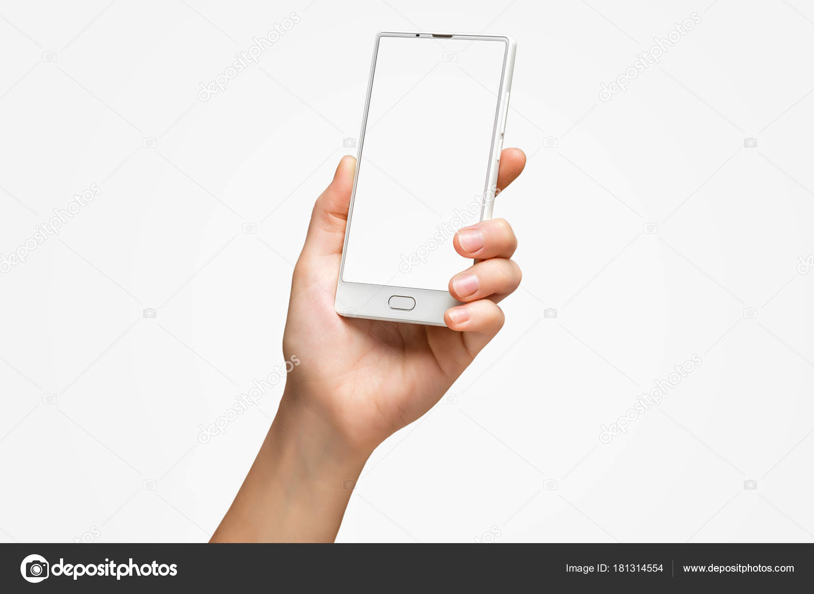 Download Mockup Of Female Hand Holding Frameless Cell Phone With Blank Screen Isolated At White Background Stock Photo C Mayatnik63 181314554 PSD Mockup Templates
