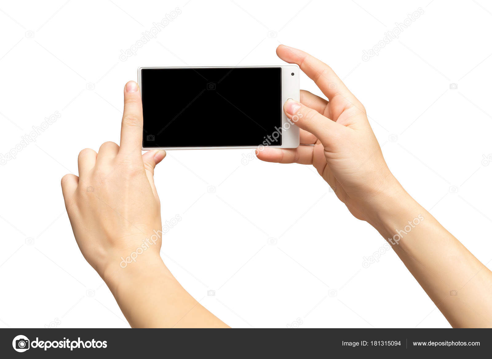 Download Mockup Of Female Hands Holding Frameless Cellphone With Black Screen And Making Selfie At Isolated Background Stock Photo C Mayatnik63 181315094 PSD Mockup Templates