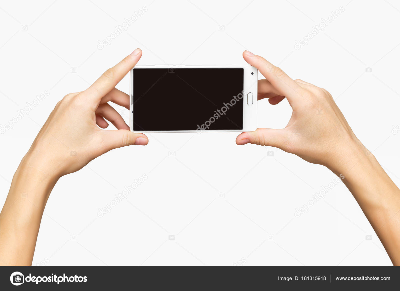 Download Mockup Of Female Hands Holding Cellphone With Black Screen At Isolated Background Stock Photo C Mayatnik63 181315918 PSD Mockup Templates