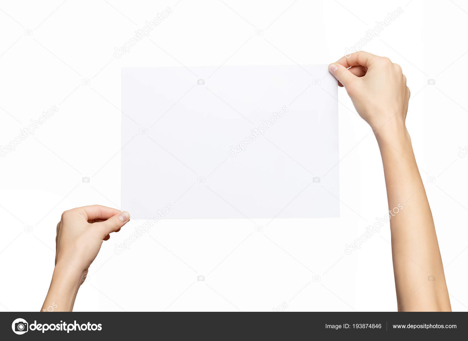 Download Mockup Of Female Hands Holding Blank Paper List Isolated At White Background Stock Photo C Mayatnik63 193874846 PSD Mockup Templates