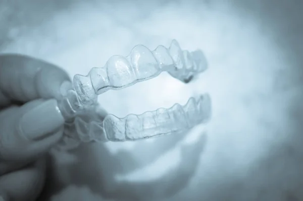 Invisible Dental Retainer Held Womans Hand Copy Space — 스톡 사진