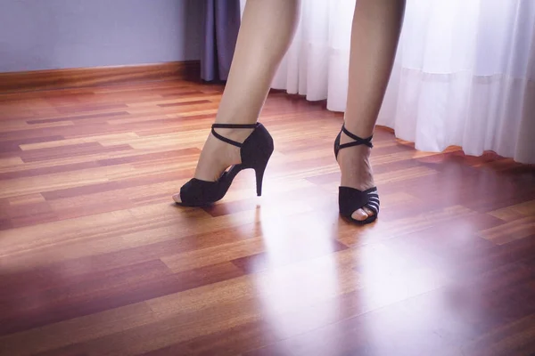 Salsa woman dance in black heels shoes