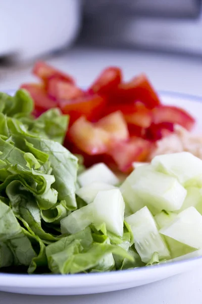 Salade Avec Laitue Tomate Oignon Concombre Pas Peuple — Photo