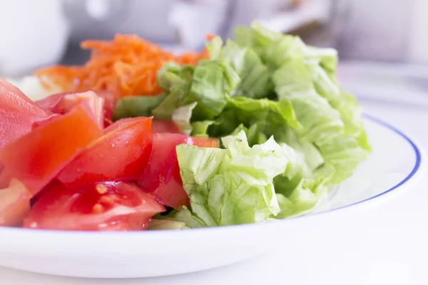 Ensalada Lechuga Zanahoria Pepino Tomate Cebolla Hay Gente —  Fotos de Stock