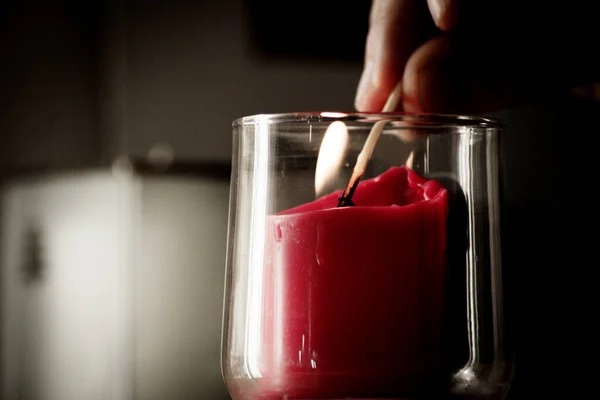 Fingers Man Lighting Red Candle Transparent Glass Vase Match — Stock Photo, Image