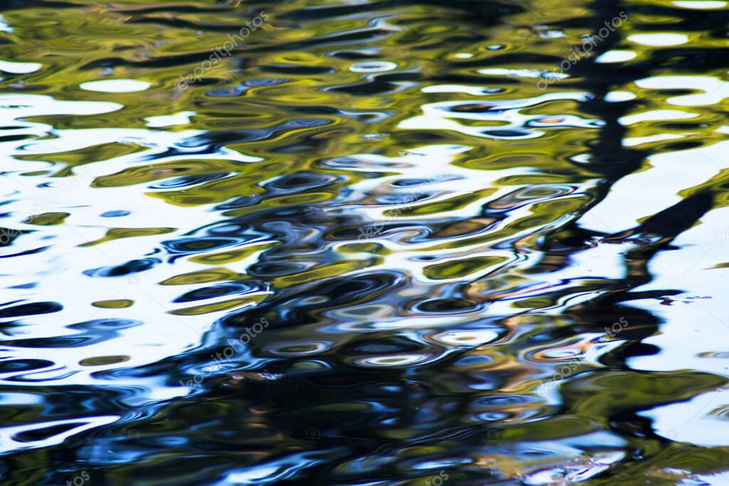 Lake water with defocused reflected trees. No people