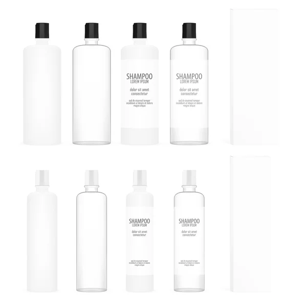 Set de productos de belleza de botellas de plástico cosmético. Botella para gel, champú, loción, crema. Paquete blanco claro — Vector de stock