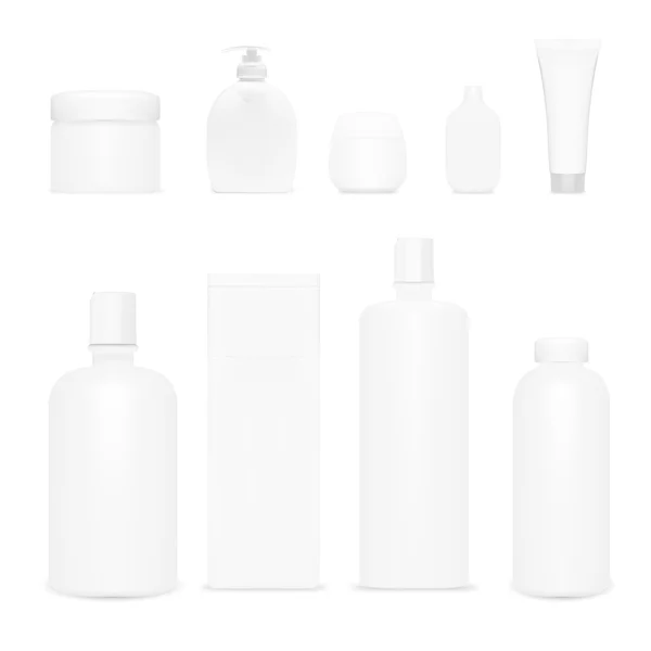 Set de cosméticos aislados. Botellas y tubos cosméticos de plástico. Producto de belleza. Plantilla de champú — Vector de stock