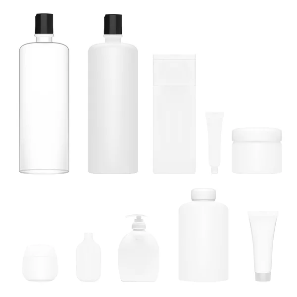 Set de cosméticos aislados. Botella cosmética de plástico. Producto de belleza. Plantilla de champú — Vector de stock