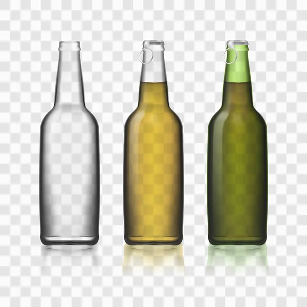 Öl glas flaskor realistiska 3d Set isolerad på Transparent bakgrund — Stock vektor