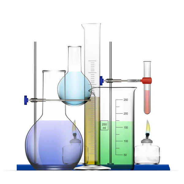 Realistic Chemical Laboratory Equipment Set. Frascos de vidrio, vasos de precipitados, lámparas de espíritu — Vector de stock