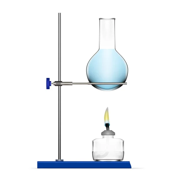 Equipo de laboratorio químico realista. Frasco de vidrio, vaso de precipitados, lámpara espiritual — Vector de stock