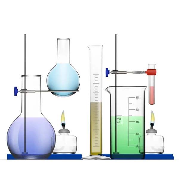 Realistic Chemical Laboratory Equipment Set. Frascos de vidrio, vasos de precipitados, lámparas de espíritu — Vector de stock