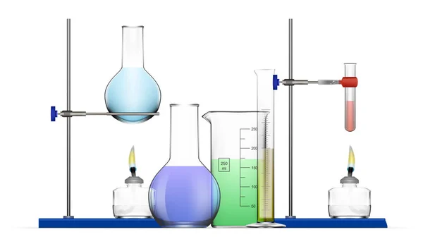 Realistic Chemical Laboratory Equipment Set. Frascos de vidrio, vasos de precipitados, lámparas de espíritu — Vector de stock