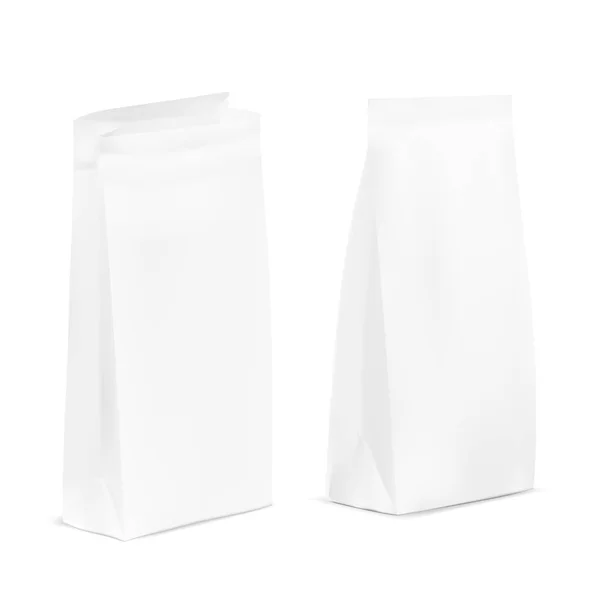 Открыть и закрыть белый чистый пластик или упаковки бумаги. Саше для хлеба, кофе, конфеты, печенье, подарки — стоковый вектор