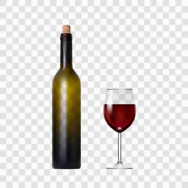 Bouteille transparente avec vin rouge et verre — Image vectorielle