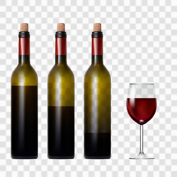 Bouteille transparente avec vin rouge et verre — Image vectorielle