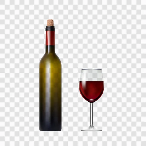 Bouteille transparente avec vin rouge et verre — Image vectorielle