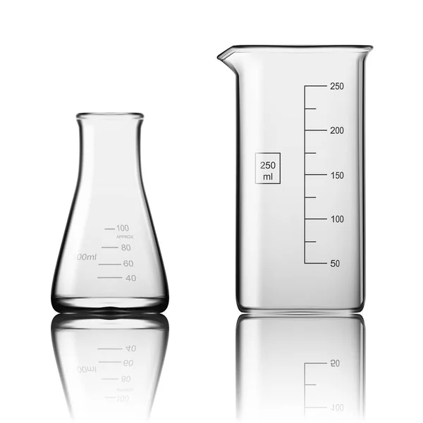 두 개의 화학 실험실 유리 제품 또는 비커. 텅 빈 투명 시험관 유리 장비 — 스톡 벡터
