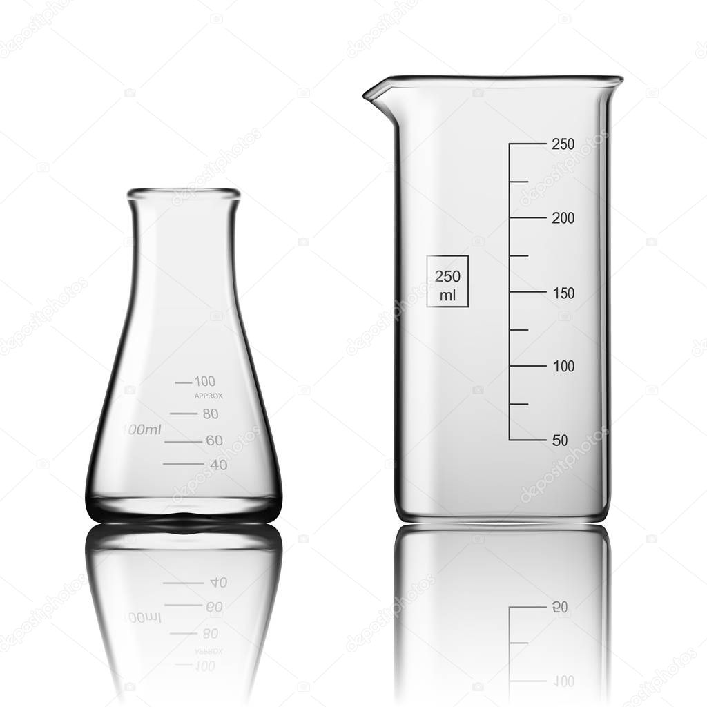 Two Chemical Laboratory Glassware Or Beaker. Glass Equipment Empty Clear Test Tube